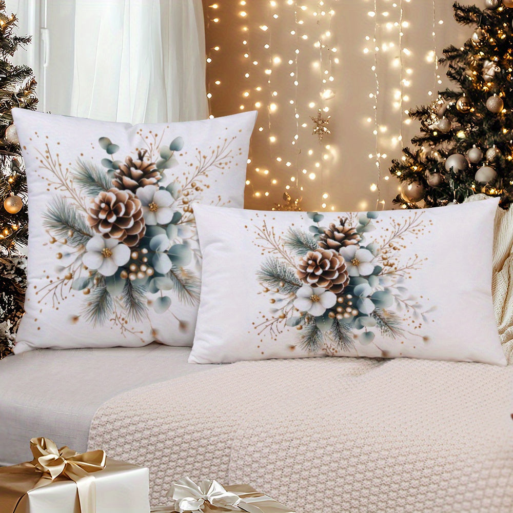 Machine Washable Zippered Polyester Throw Pillow Covers with Pine Cone and Christmas Flower Designs