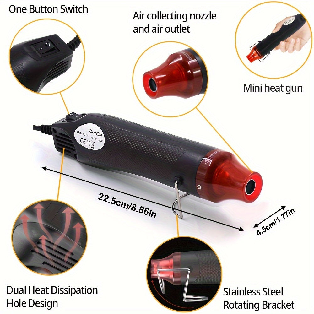 Mini 300W Heat Gun Kit with 164/560 Heat Shrink Tubes EU Plug for Crafts Epoxy Resin Vinyl Candle Making