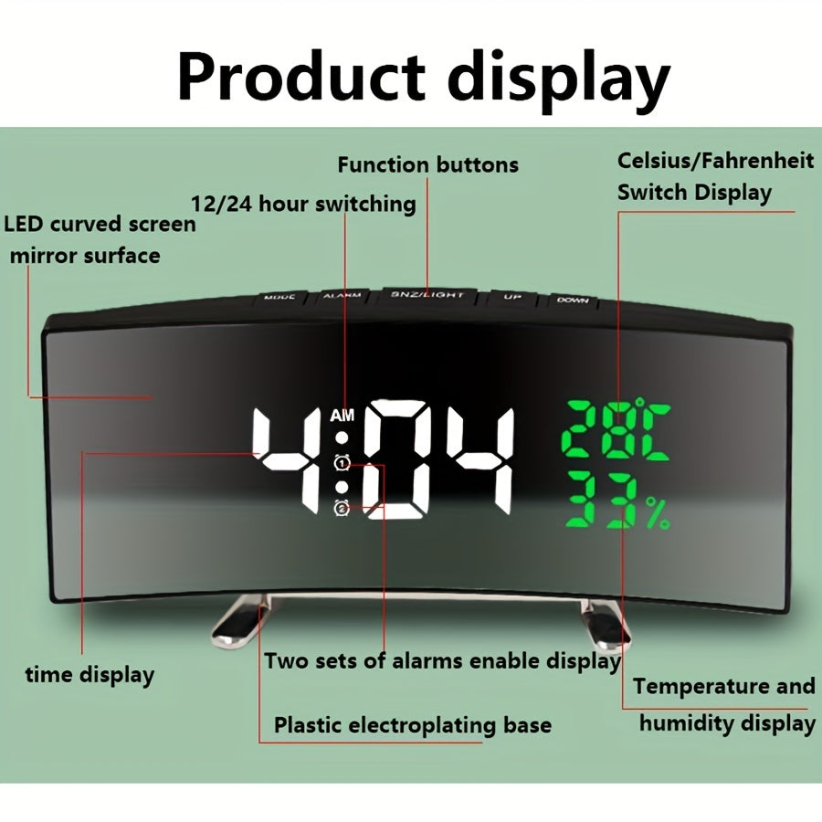 Black LED Curved Alarm Clock with Temperature Humidity Display and USB Battery Power