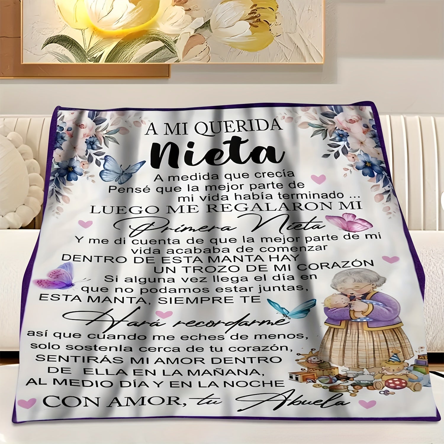 Ultra-Soft Flannel Throw Blanket with Heartwarming Message Purple Floral Butterfly Design All-Season Comfort Gift