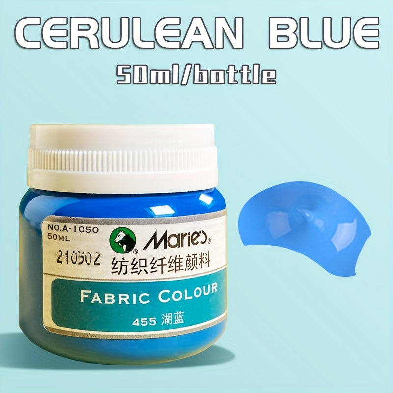1 shisha Marie's Fabric Paint, 50ml - doimiy kiyim bo'yash uchun 12 rang mavjud. O'rta cho'tka kiritilgan. San'atkorlar va hunarmandlar uchun ideal. T-shirtlar, poyabzallar, jinsilar uchun mos.