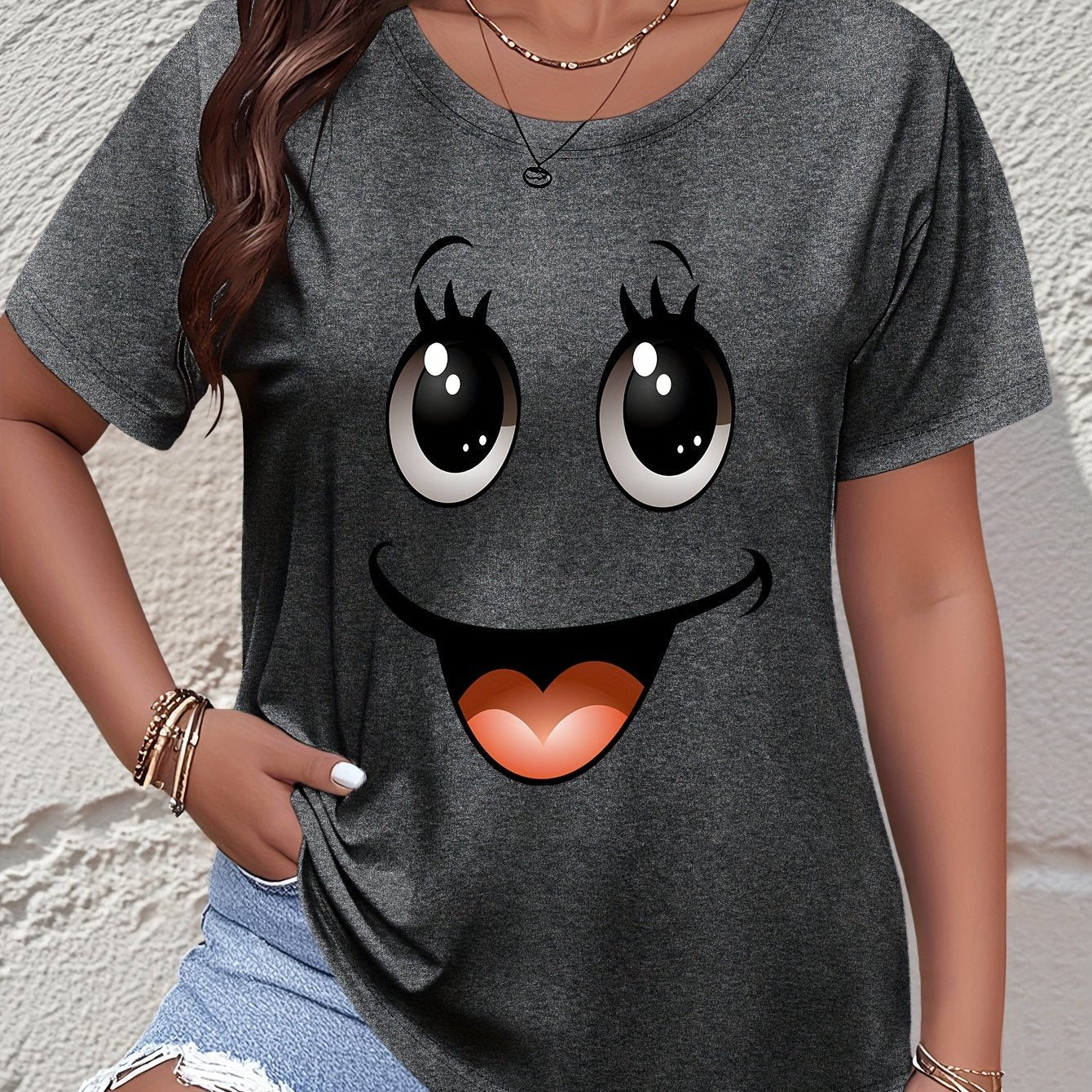 Plus Size Women's Smiling Face Graphic Casual Sports T-Shirt Breathable Stretchy Top