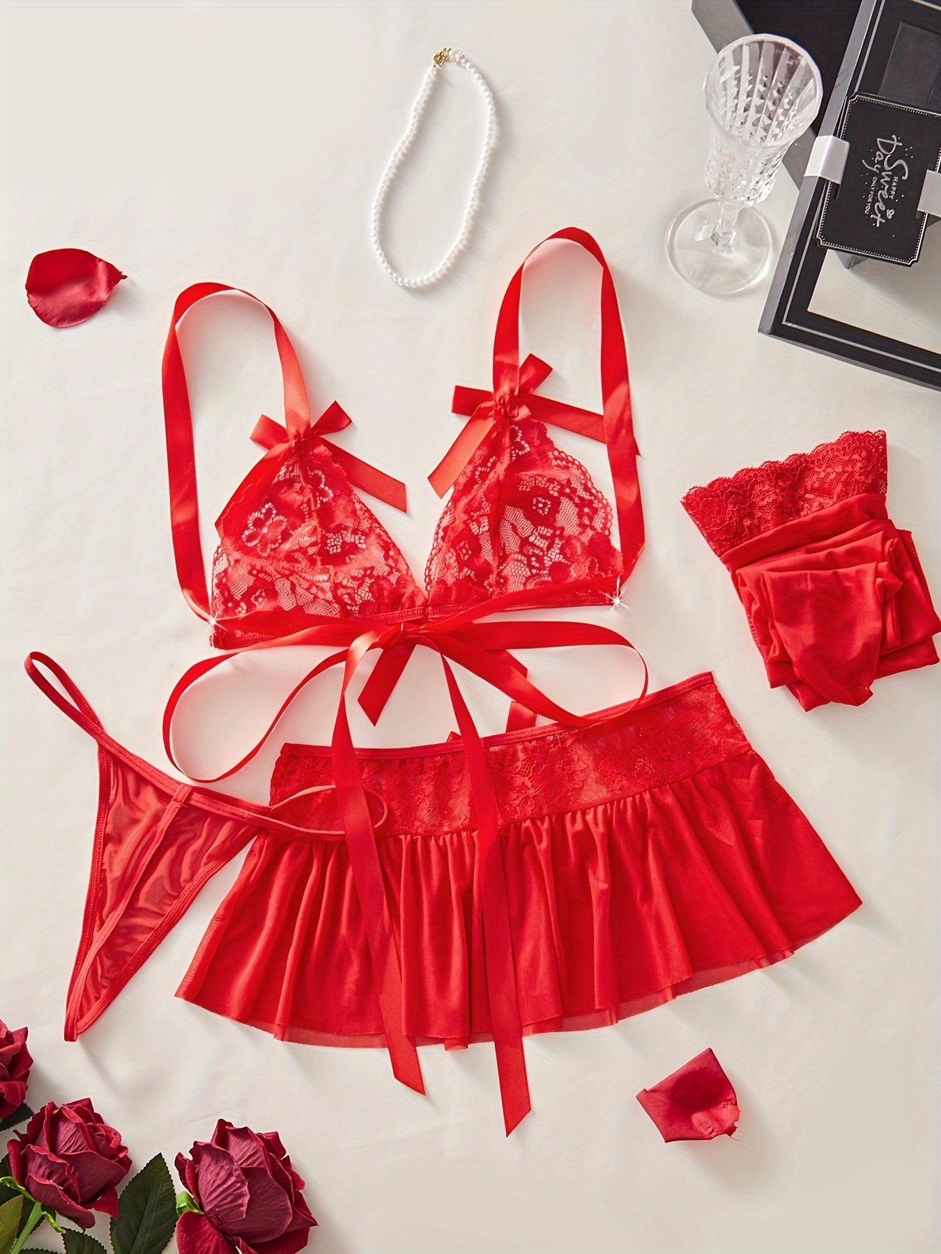 Red Lace Lingerie Set with Floral Design and Bow Decorations for Women
