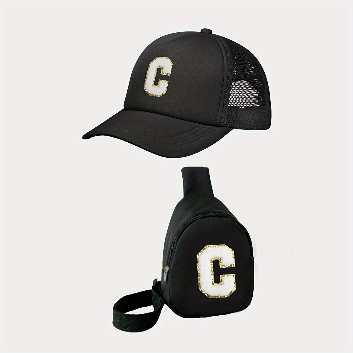 Boy's Accessories Set Waist Bag and Baseball Cap Black Polyester Adjustable Casual Sports