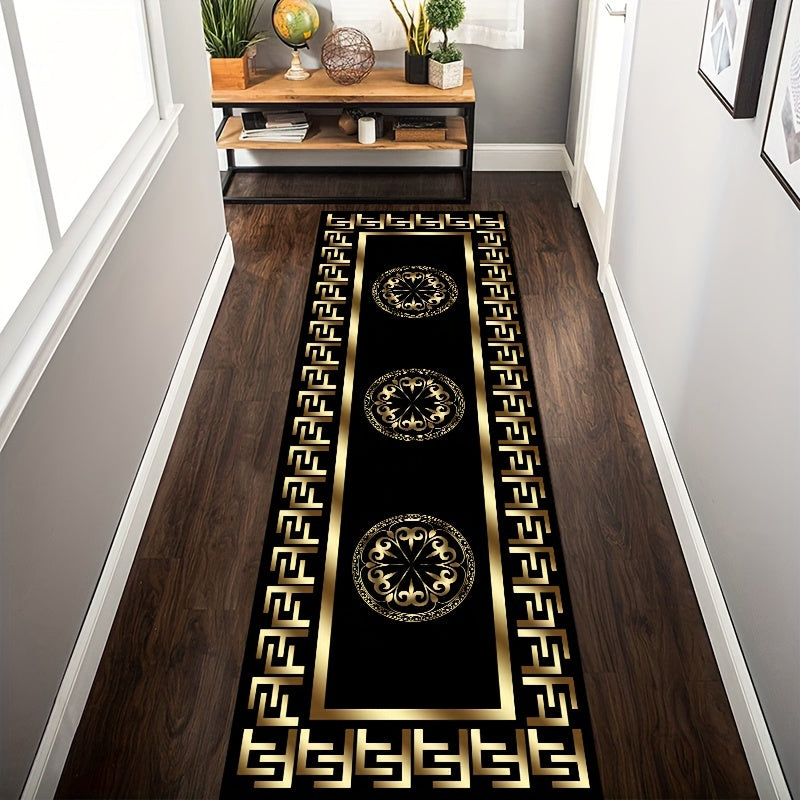 Elegant F-Pattern Runner Rug Golden Black Non-Slip Machine Washable Polyester Entryway Living Room Outdoor