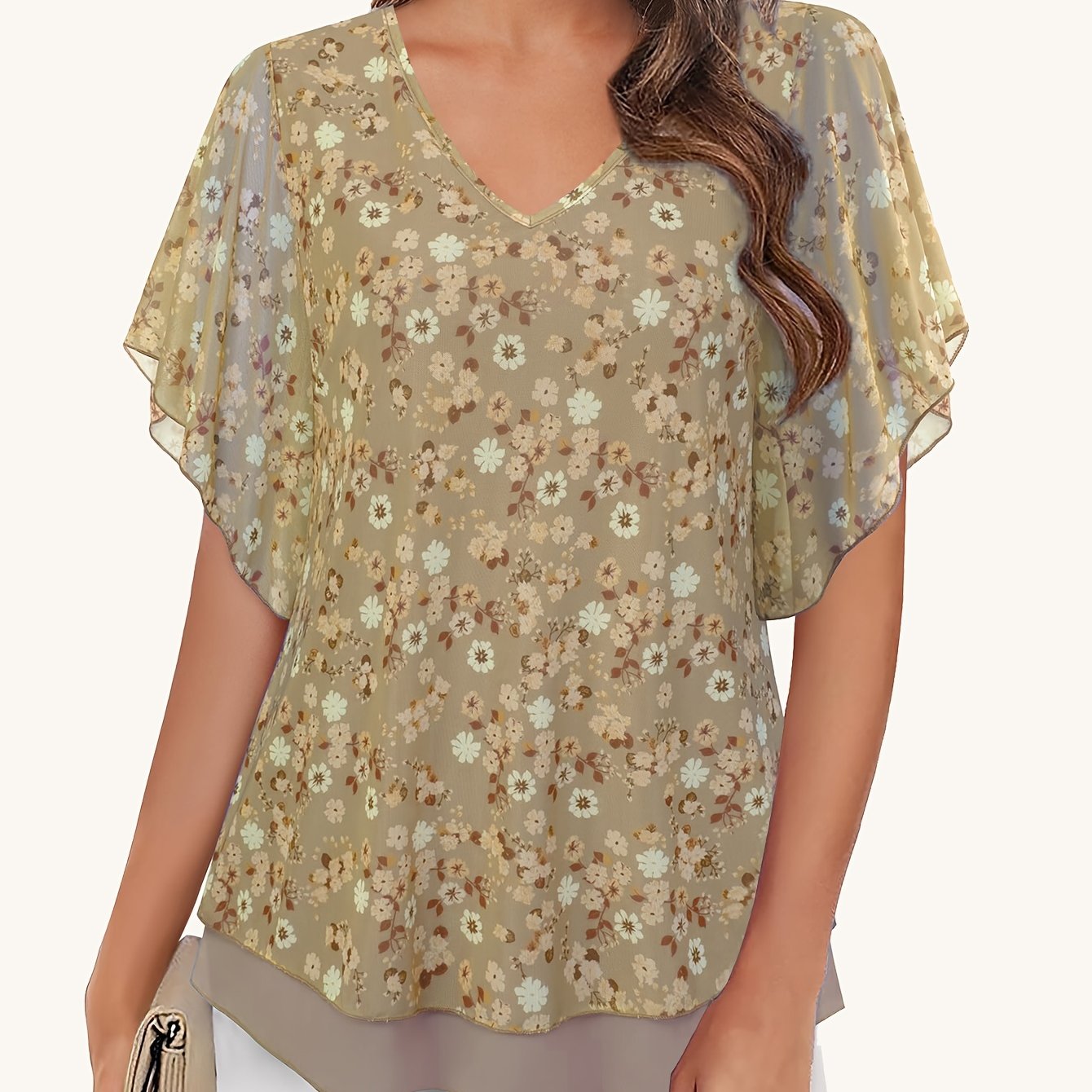 Women's Mesh Blouse Short Sleeve V-Neck Floral Ruffle Summer Tunic Top