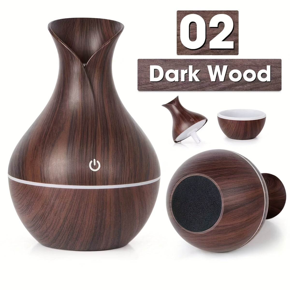 Difusor de aceites esenciales USB de madera oscura con luces LED de 7 colores y humidificador