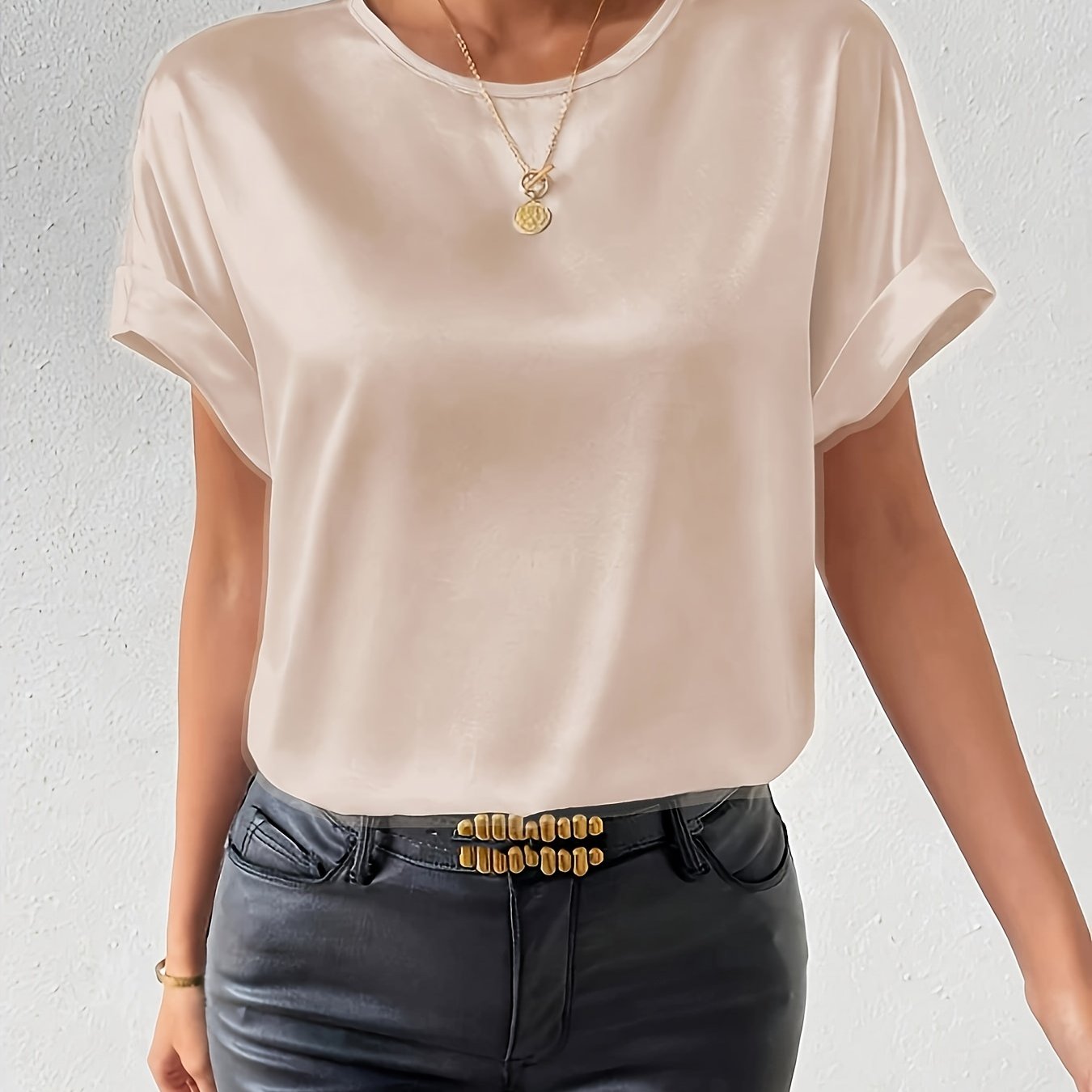 Plus Size Women's Woven Cotton Shirt Crew Neck Summer Casual Solid