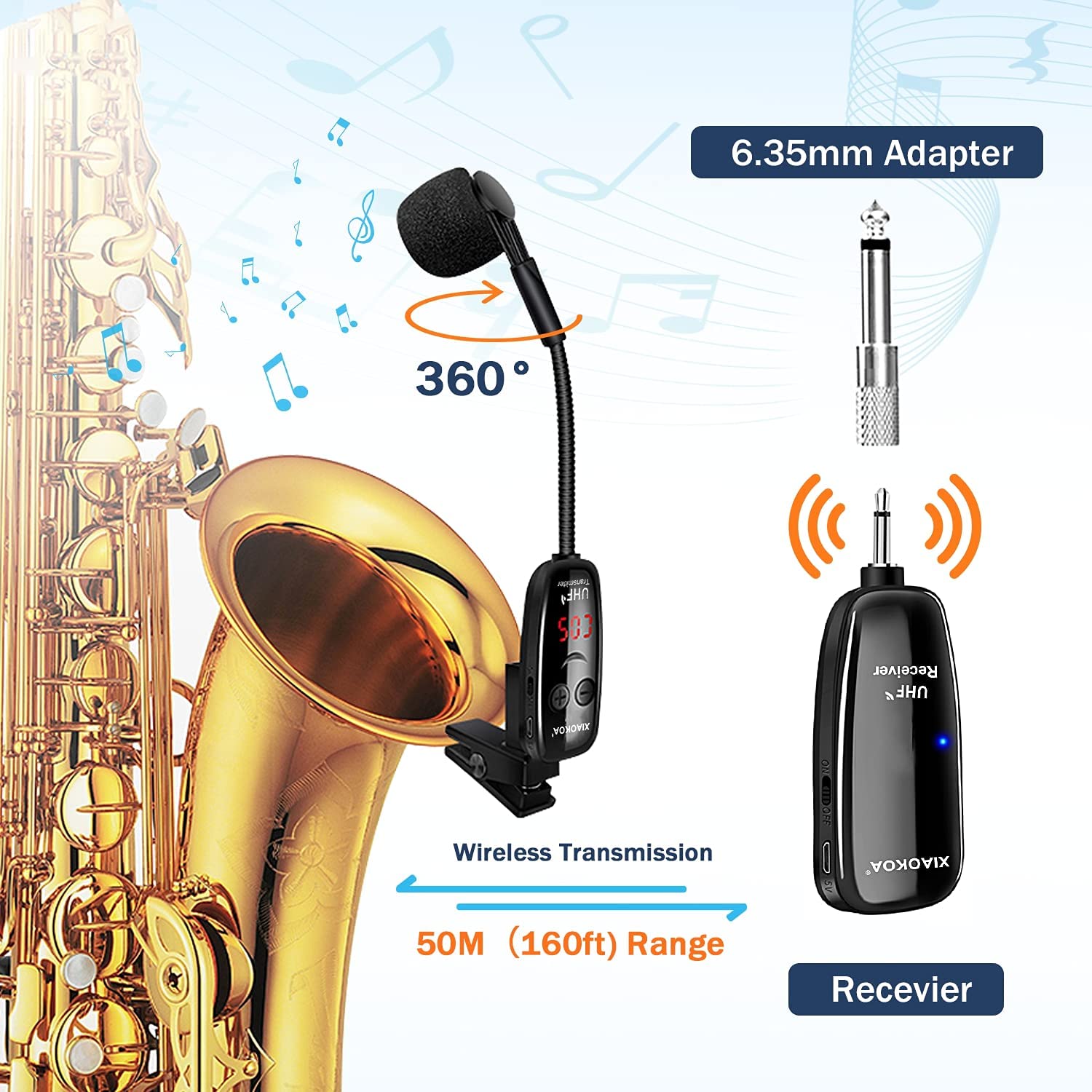 Wireless Microphone and Saxophone Transmitter Receiver for Trumpets Clarinets Cellos