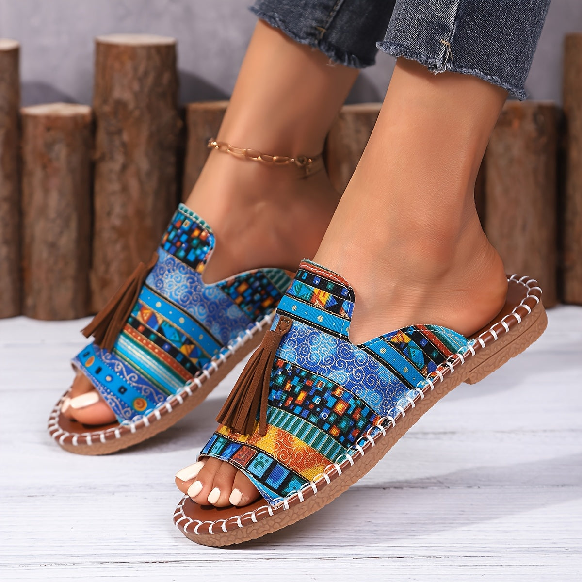 Ayollar uchun Bohemia tekis sandalki, etnik tassel, sirpanchiq bo'lmagan rezina, kundalik plyaj