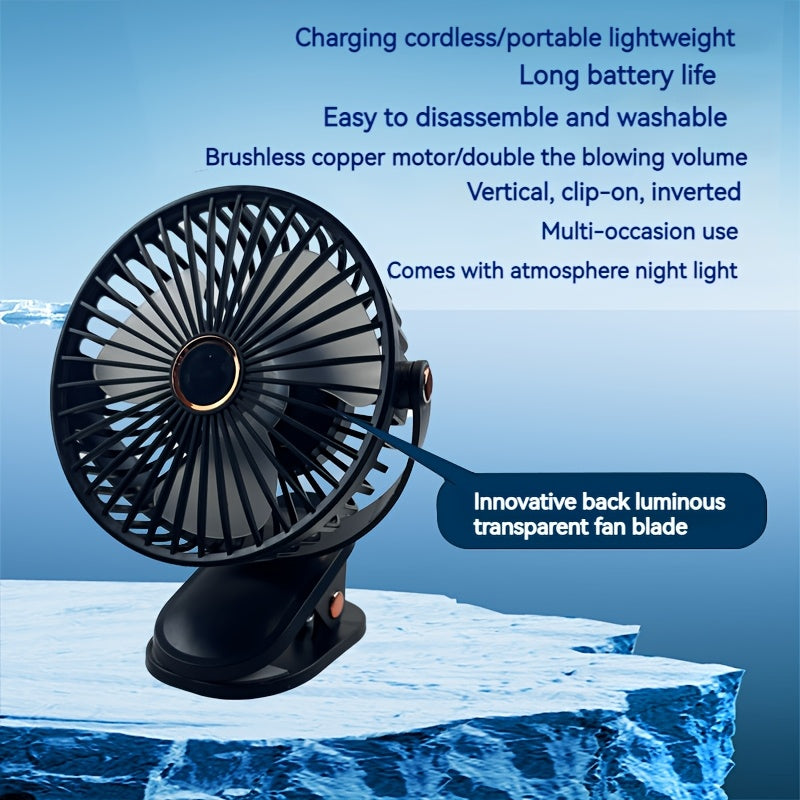 Portable USB Rechargeable Desk Fan with Nightlight, 5 Speeds, Clip-On, Quiet