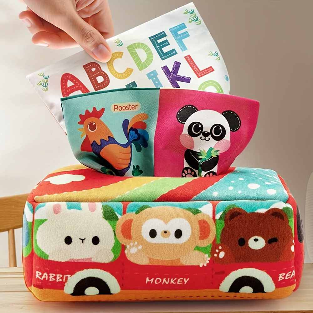 Animal Sensory Learning Toy Set with Tissue Box, Scarf and Crinkle Paper for Kids
