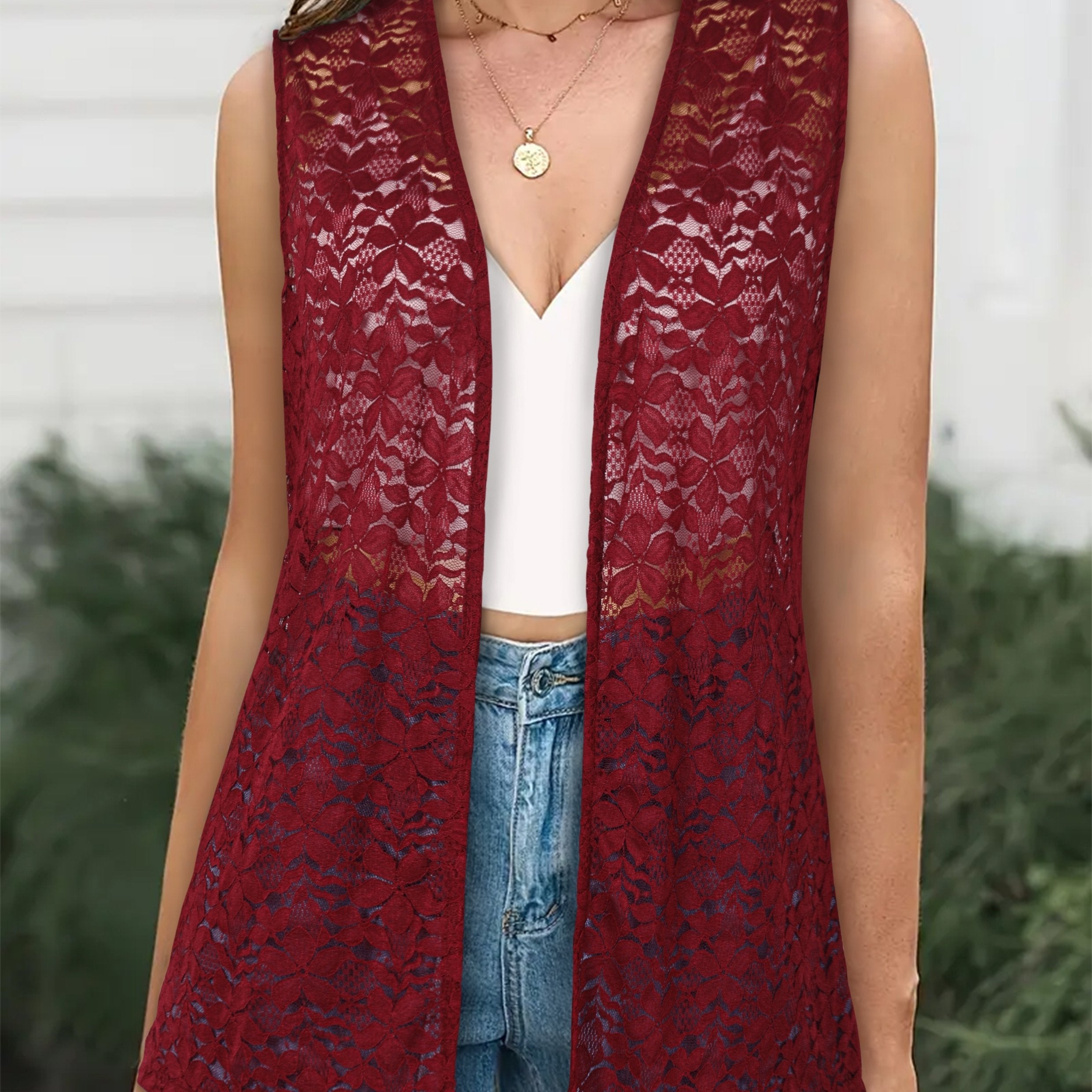 Plus Size Women's Sleeveless Cardigan Sheer Lace Burgundy Floral Open Front