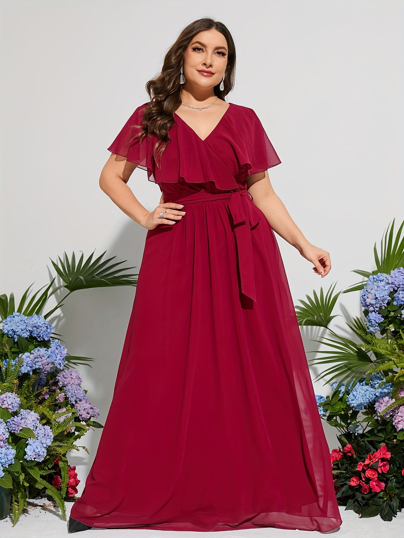 Plus Size V-Neck Chiffon Gown with Ruffled Sleeves and High Waist Purple