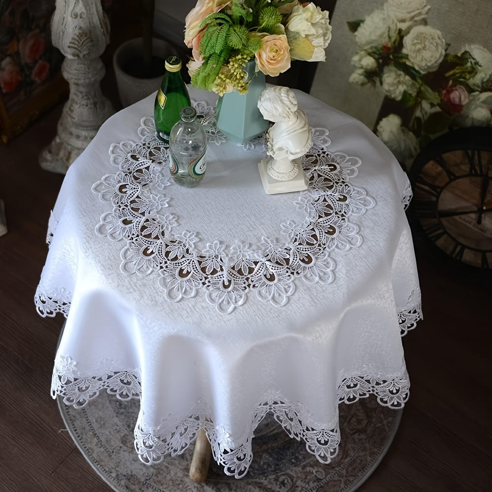 White Polyester Round Tablecloth 32 Inch Diameter Floral Design for Holiday Decor