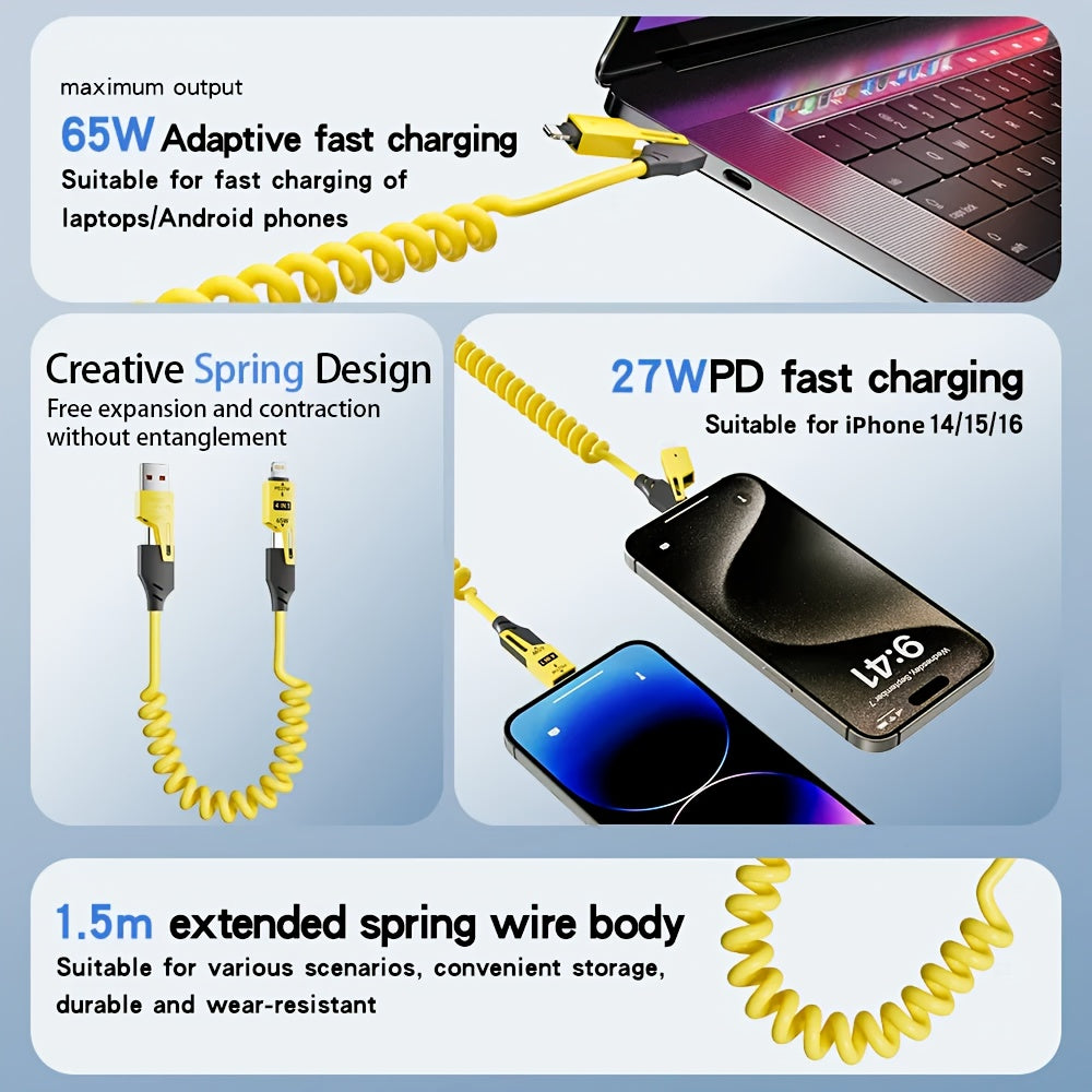 65W USB-C Retractable Charging Cable for Fast Data Sync Multi-Device Compatible