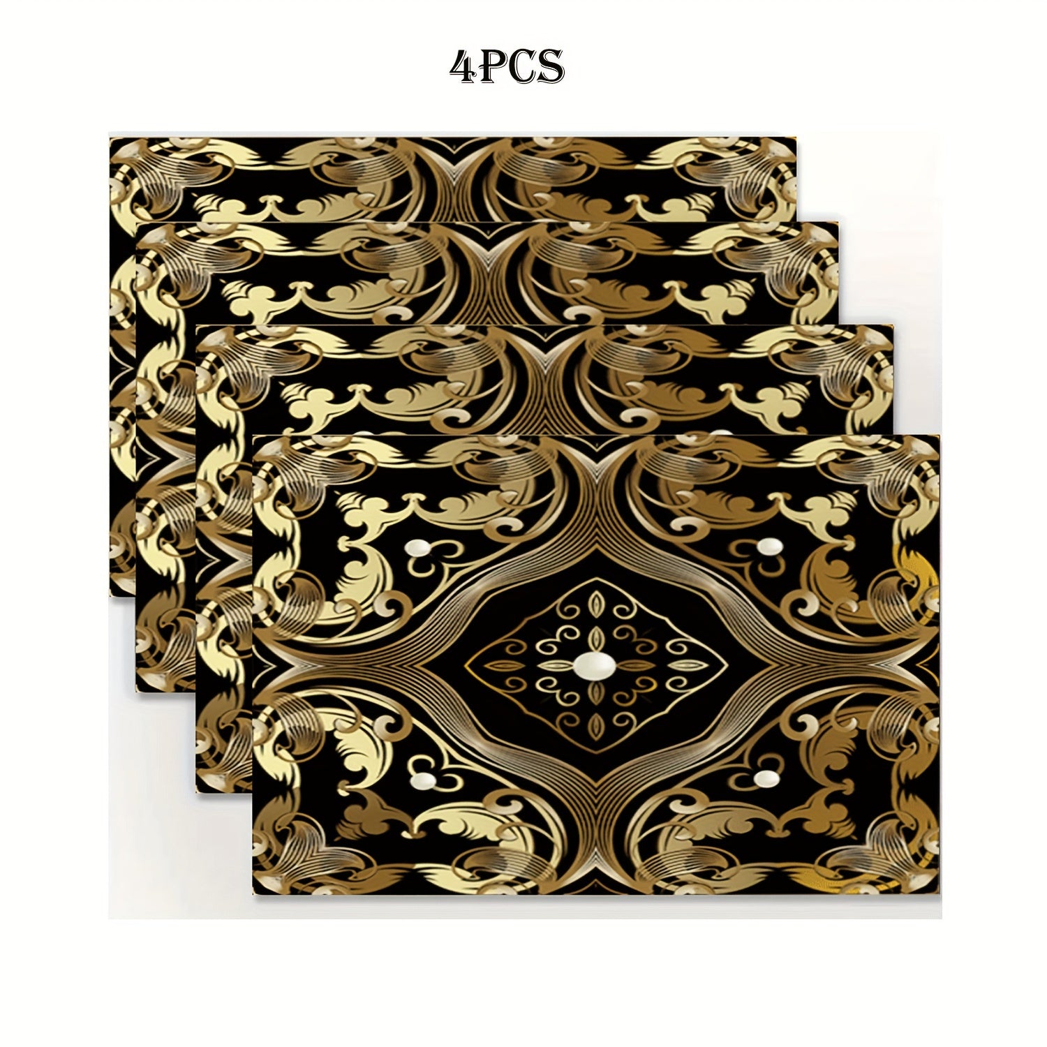 Linen Table Mats with Pearls and Gold Floral Design Non-Slip Heat-Resistant Washable Rectangular Dining Mats