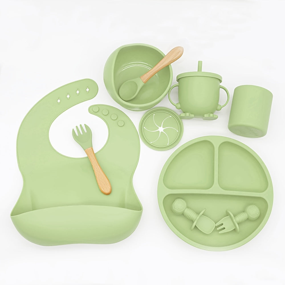 Набор для кормления малыша, 9 предметов: силиконовый нагрудник, ложка, вилка, присоска, тарелка, блюдце, чашки для младенцев