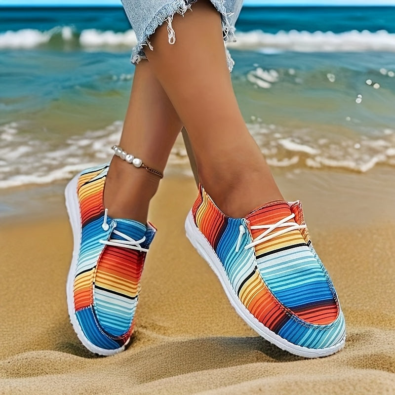 Women's Casual Striped Canvas Sneakers, Slip-On, All-Season, Lightweight