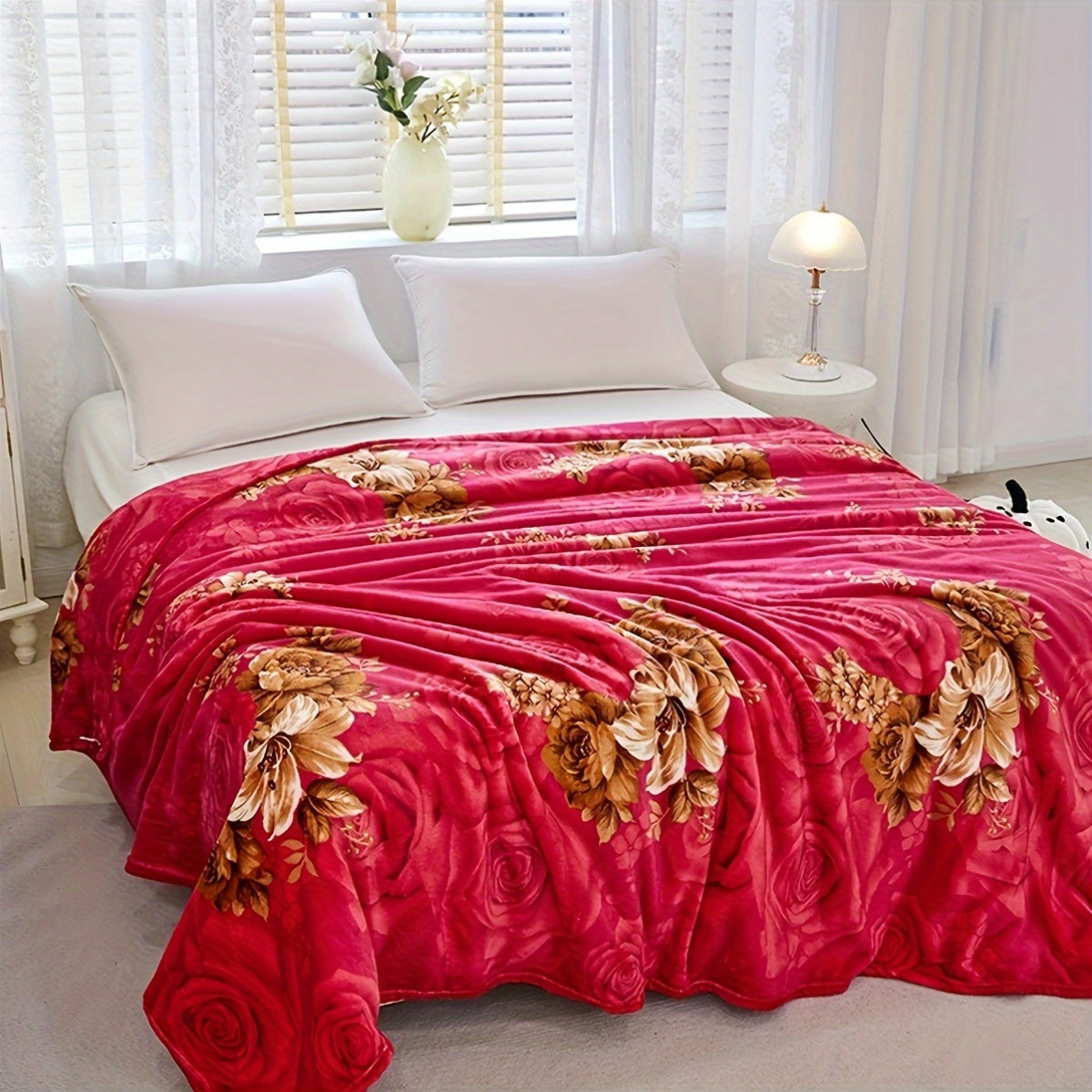 Warm Knitted Floral Blanket All-Season Polyester Bed Cover with Vibrant Pattern