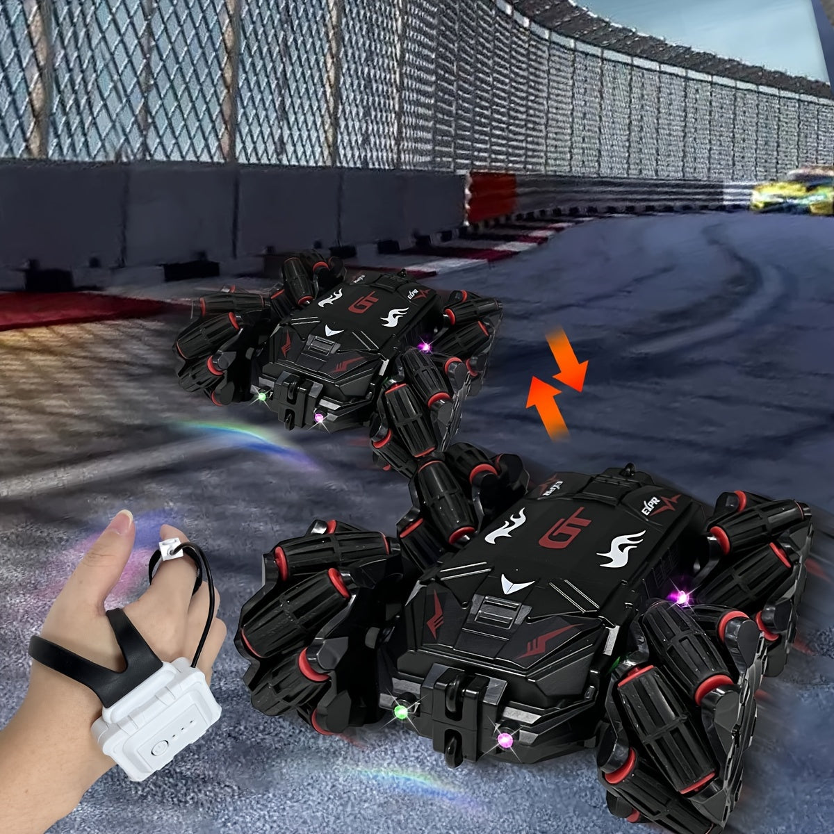 Coche de acrobacias RC con temática de fantasía con control por gestos, luces LED y música para niños de 8 años en adelante