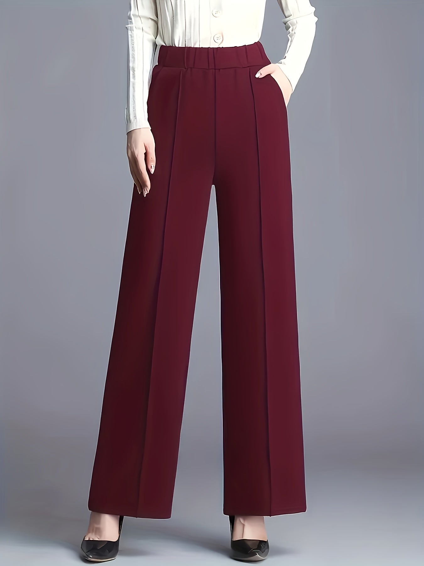 Women's Straight Leg Pants with Pockets Solid Color Stretchy Polyester Casual