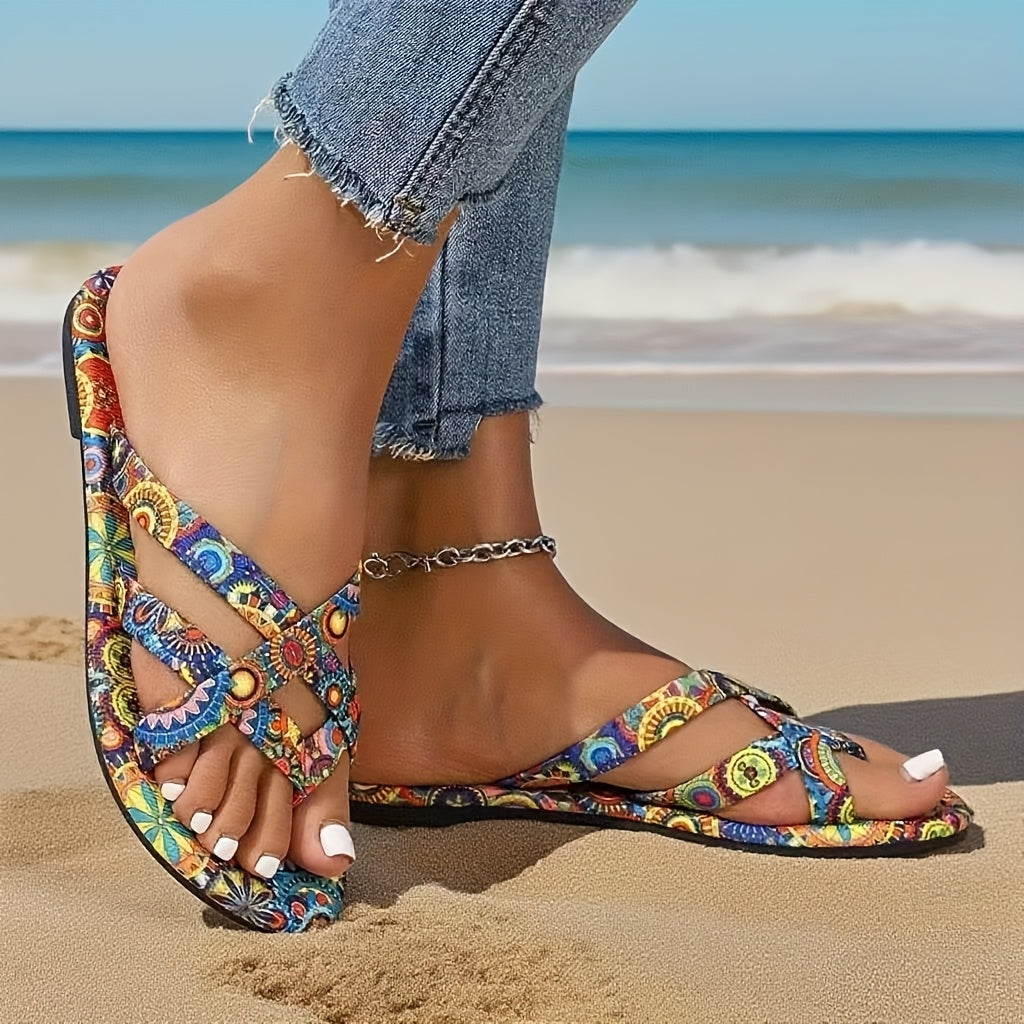 Plus Size Women's Bohemian Geometric Print Slip-On Sandals Open-Toe Summer Shoes