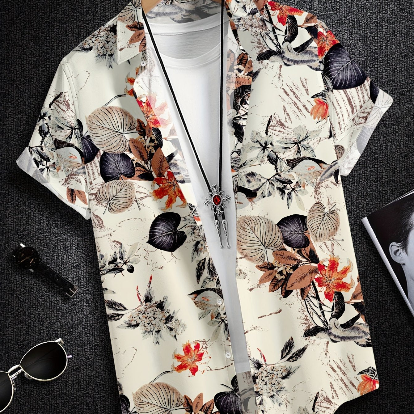 Men's Short Sleeve Shirt with Leaf Print Breathable Polyester Casual Vacation Wear