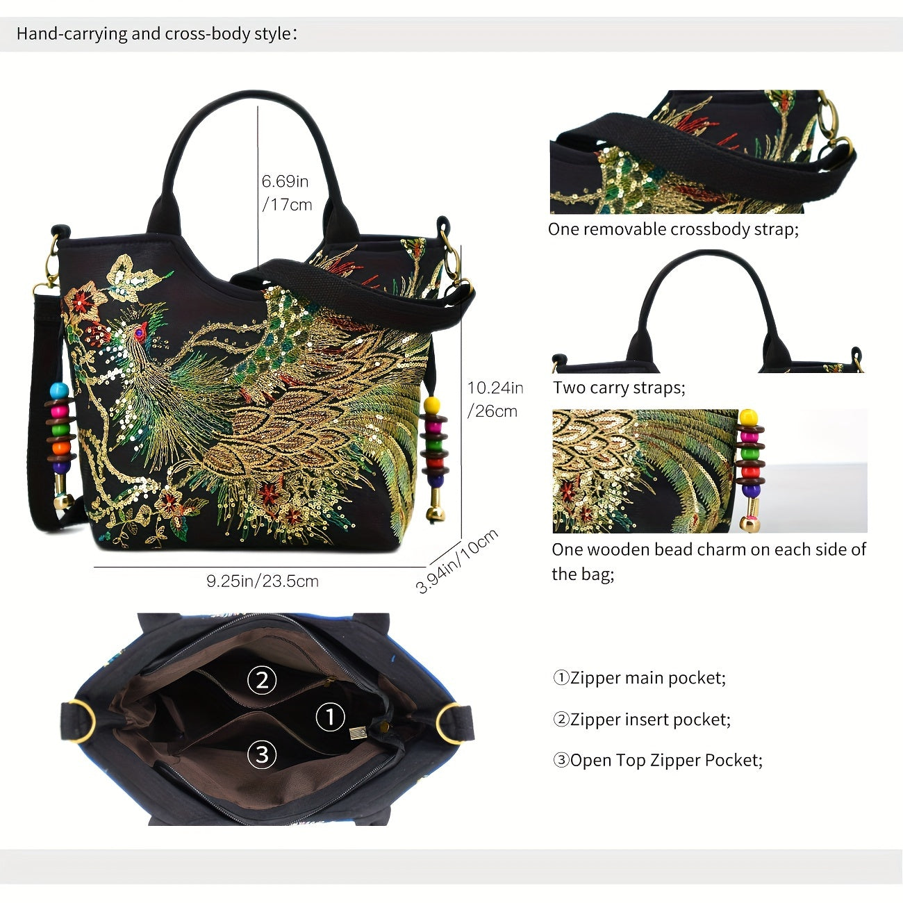 Embroidered Canvas Satchel Bag for Women with Double Handles and Removable Strap in Animal Print