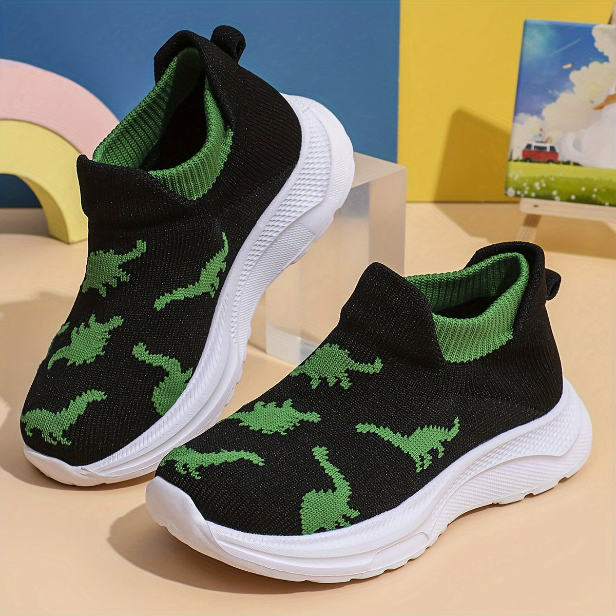 Kids' Dinosaur Cartoon Slip-On Sneakers for Toddlers Breathable Lightweight All-Season