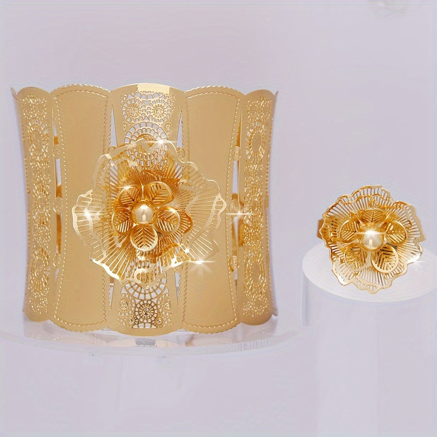 Middle Eastern Bridal Jewelry Set with Hollow Flower Bracelet and Ring for Wedding and Women