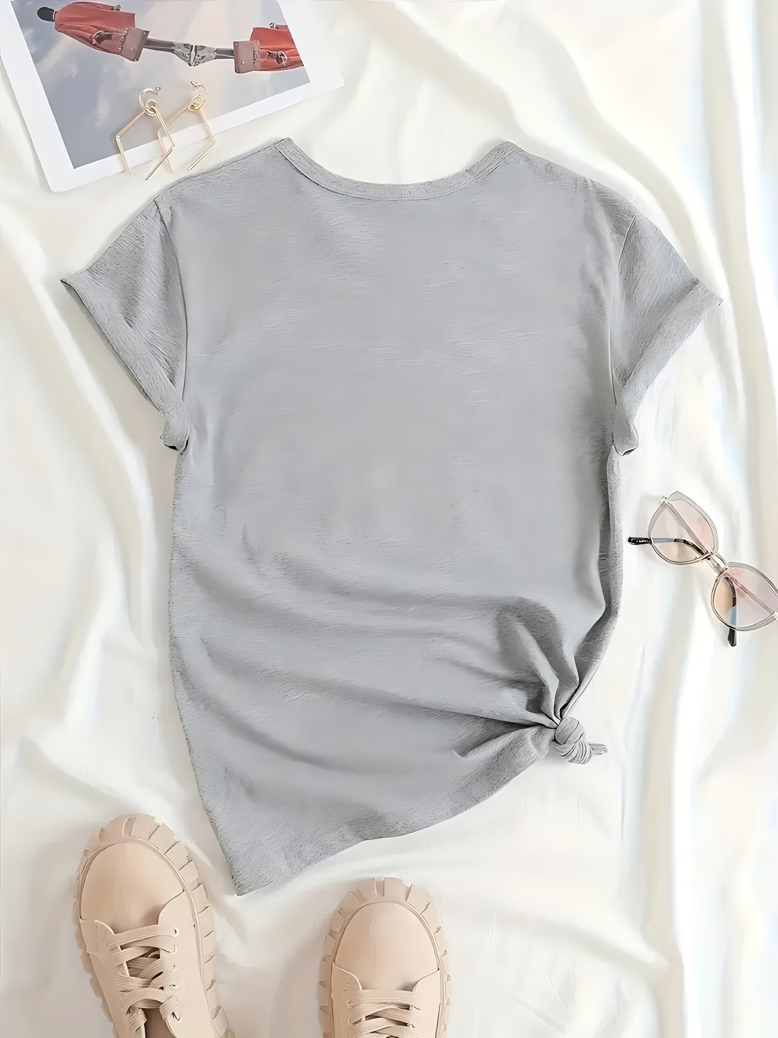 Plus Size Women's Short Sleeve Crew Neck T-Shirt Solid Color Stretchy Polyester