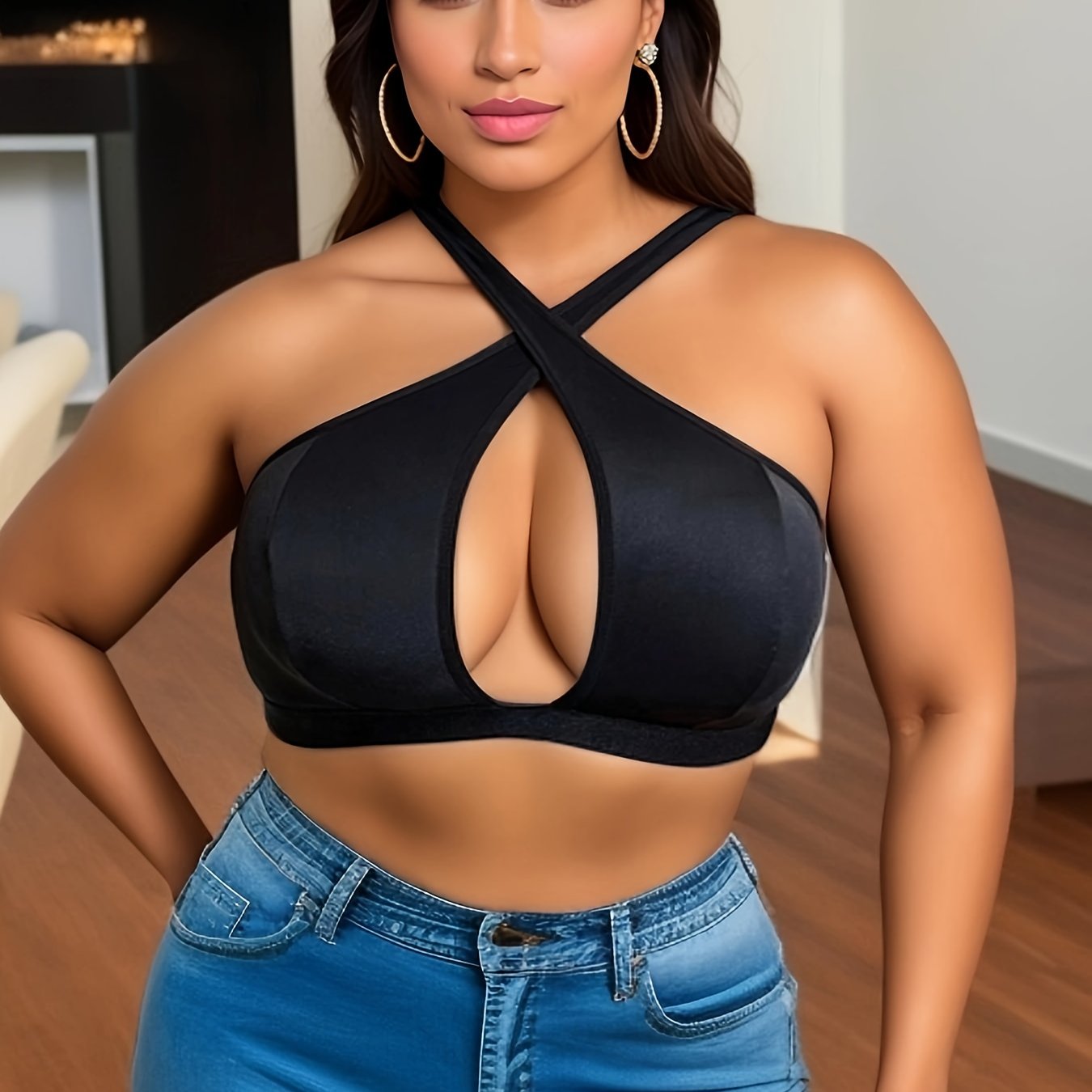 Plus o'lcham ayollar uchun qattiq Cross Halter yuqori cho'ziladigan strapli bra