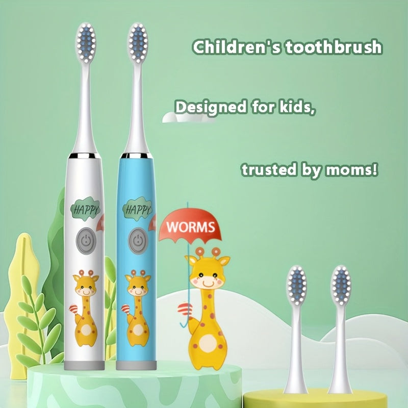 Kids Electric Toothbrush Blue White Giraffe Design Battery Powered for Ages 3-15