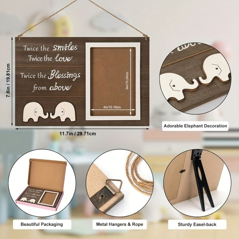 Twin Wooden Photo Frame with Elephant Design for Twins Keepsake