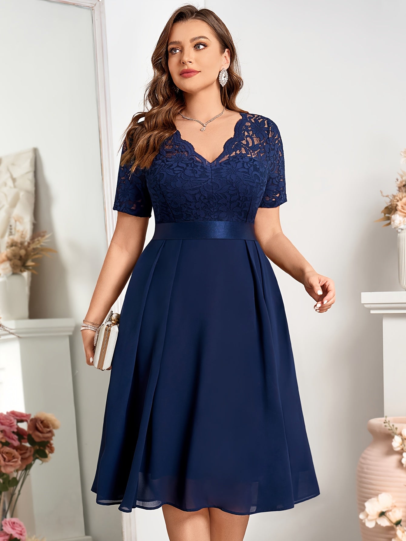 Plus Size Lace V-Neck Chiffon Dress for Women Short Sleeve Green