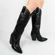 Women's Western Cowboy Boots Black Faux Cover Zipper Knee-High Pointed Toe