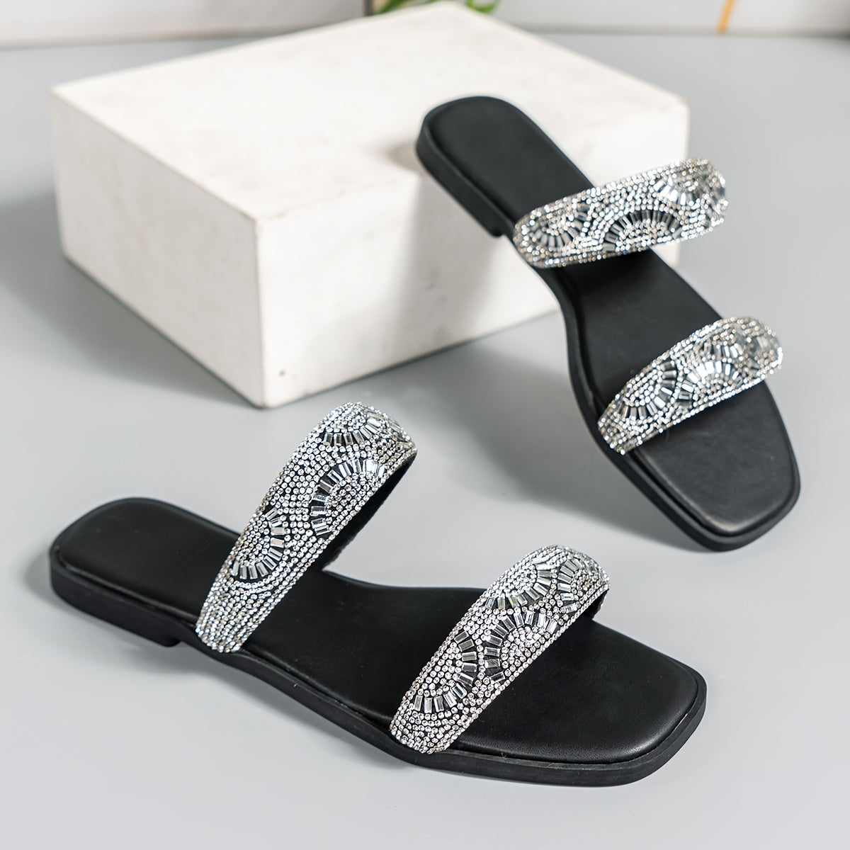Women's Flat Sandals Soft Sole Glitter Rhinestone Double Strap Summer Casual