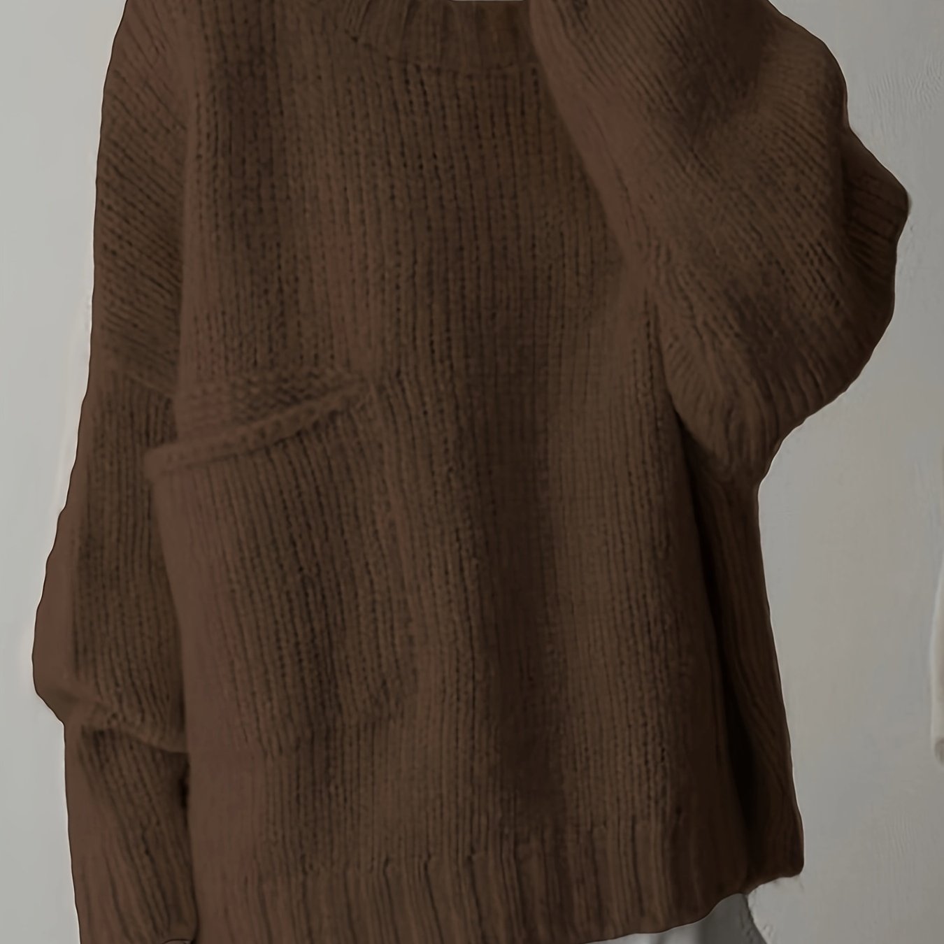 Suéter de punto verde de talla grande para mujer con bolsillos, cuello redondo, manga larga y cómodo