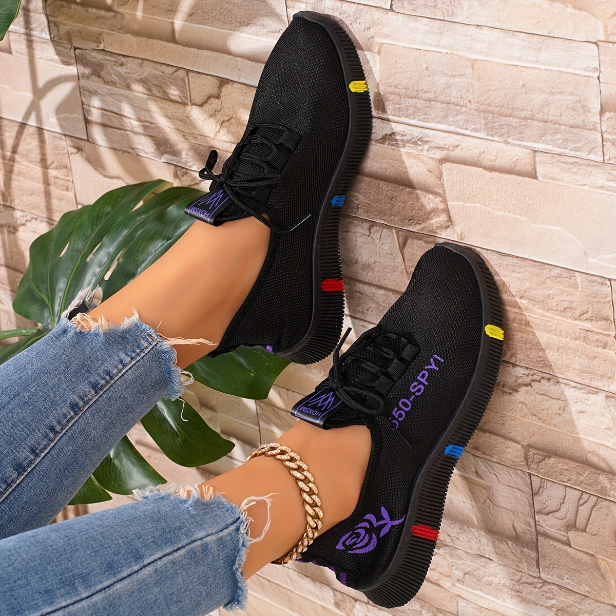 Women's Breathable Knit Sneakers Casual Lace-Up Outdoor Low Top Sport Shoes