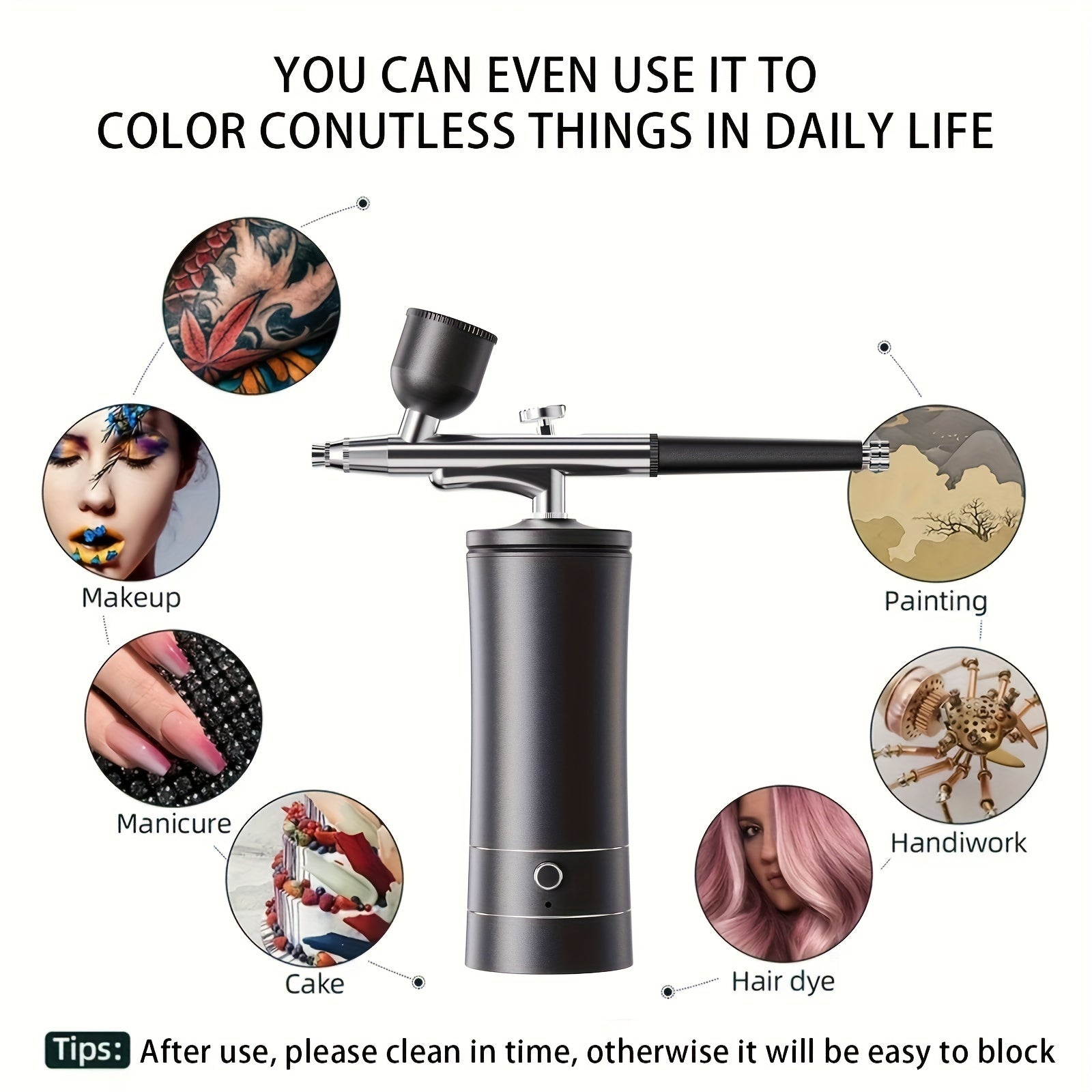 Turli ilovalar uchun portativ simsiz havo cho'tkasi to'plami, masalan, tirnoq san'ati, tort bezatish, makiyaj va model bo'yash. USB/batareya bilan ikki tomonlama quvvat, 900mAh sig'im.