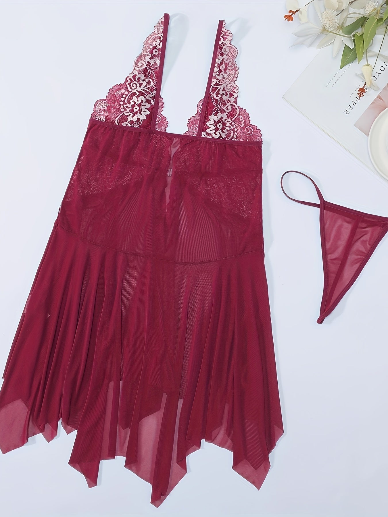 Women's Floral Embroidered Lingerie Dress Plus Size Mesh Slip with Thong