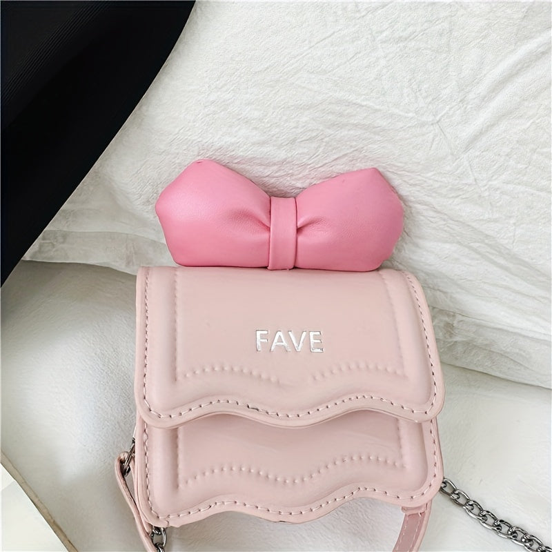 Kids Girls Pink Crossbody Bag with Bow Accent and Embossed Flap for Daily Use