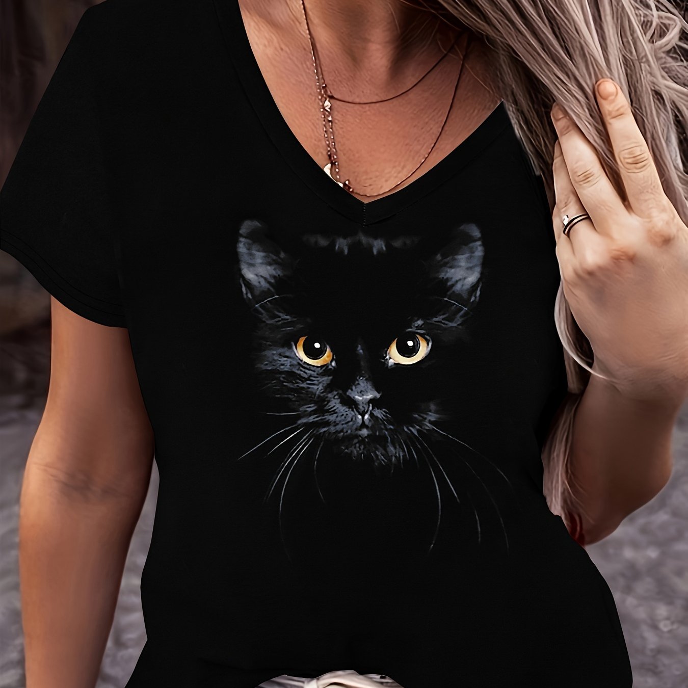 Women's V-Neck Short Sleeve T-Shirt with Black Cat Graphic Polyester Spandex