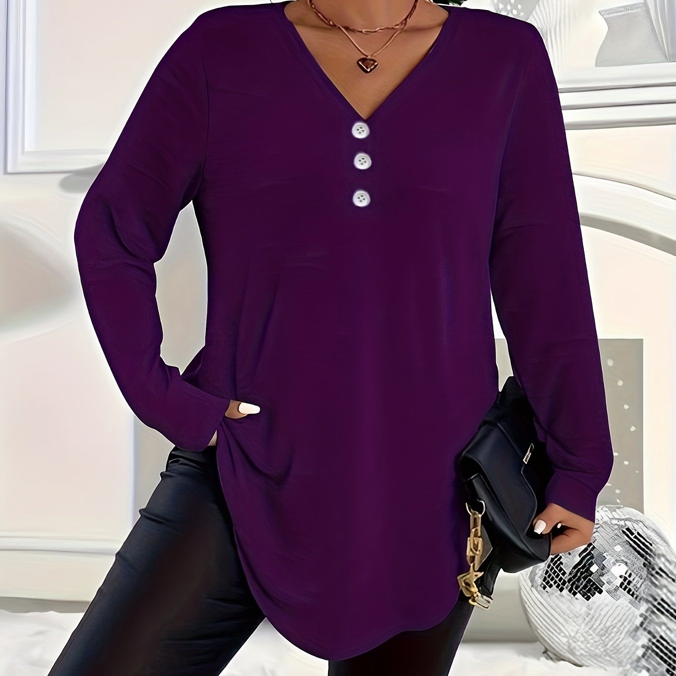 Women's Plus Size V-Neck Long Sleeve Top Polyester Knit Solid Color Fall Winter
