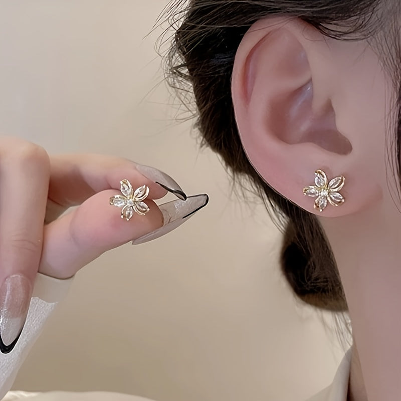Women Rose Gold Cubic Zirconia Flower Stud Earrings Daily Gift