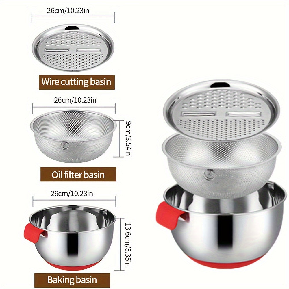 Set of 3 Stainless Steel Food Strainers with Silicone Handles and Measuring Container