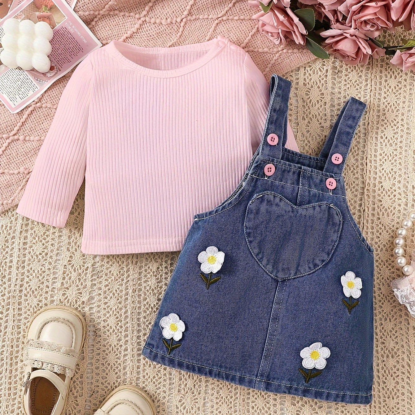 Girls Denim Dress Set with Embroidered Flowers and Long Sleeve Top for Infants