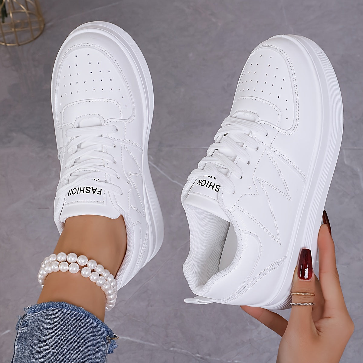 Women's Slip-On Wedge Sneakers with Lace-Up Closure White Beige Breathable Mesh