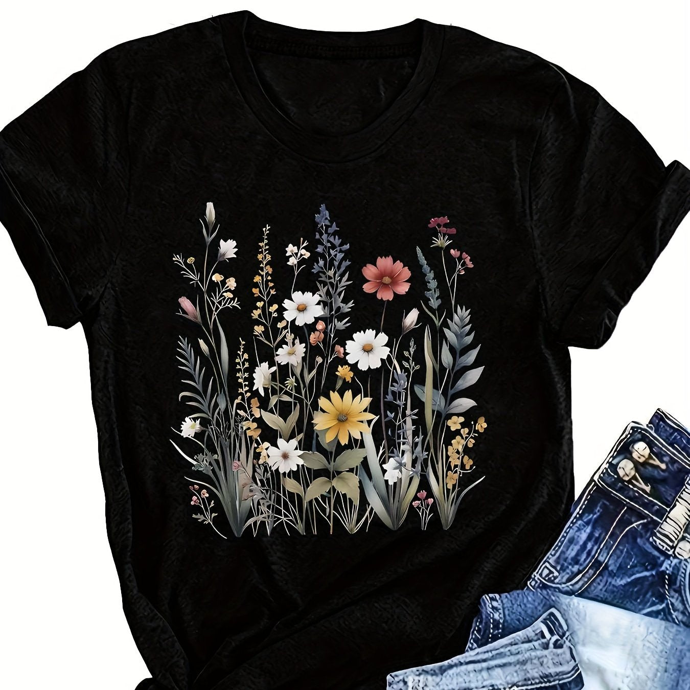 Plus Size Floral Print T-Shirt Polyester Crew Neck Summer Pocket Tee